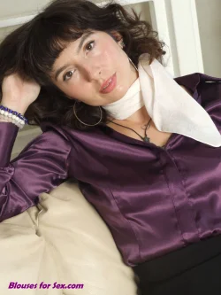 Kiki H in satin blouse and silk scarf